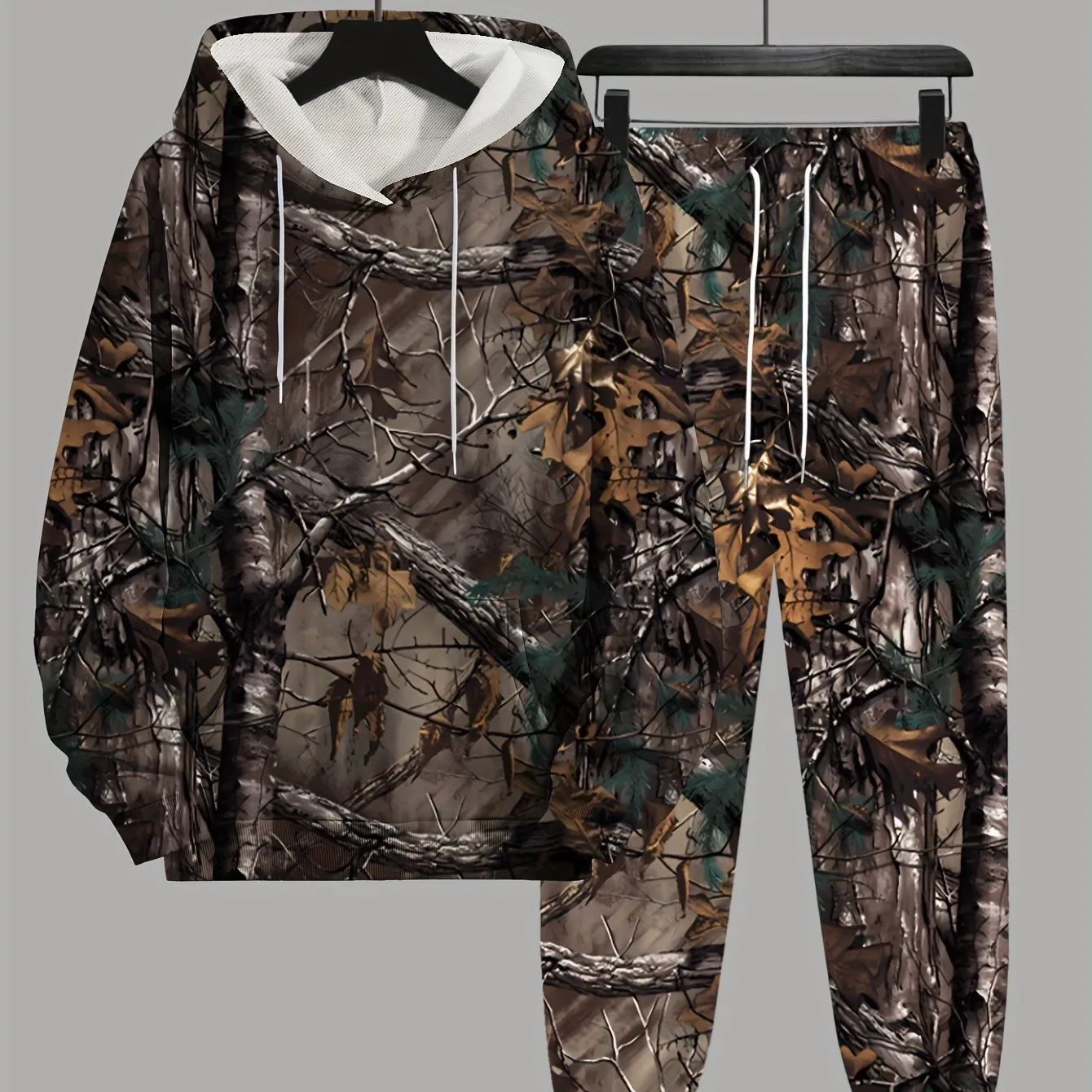 Plus Size Men’s 3D Graphic Print Hooded Sweatshirt & Sweatpants Set – Casual Color Block Design, Non-Stretch Polyester Knit for Spring, Fall, and Winter