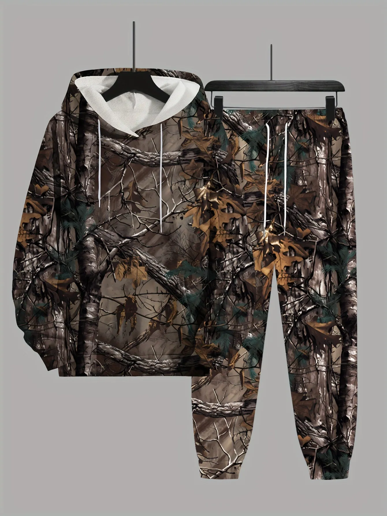 Plus Size Men’s 3D Graphic Print Hooded Sweatshirt & Sweatpants Set – Casual Color Block Design, Non-Stretch Polyester Knit for Spring, Fall, and Winter