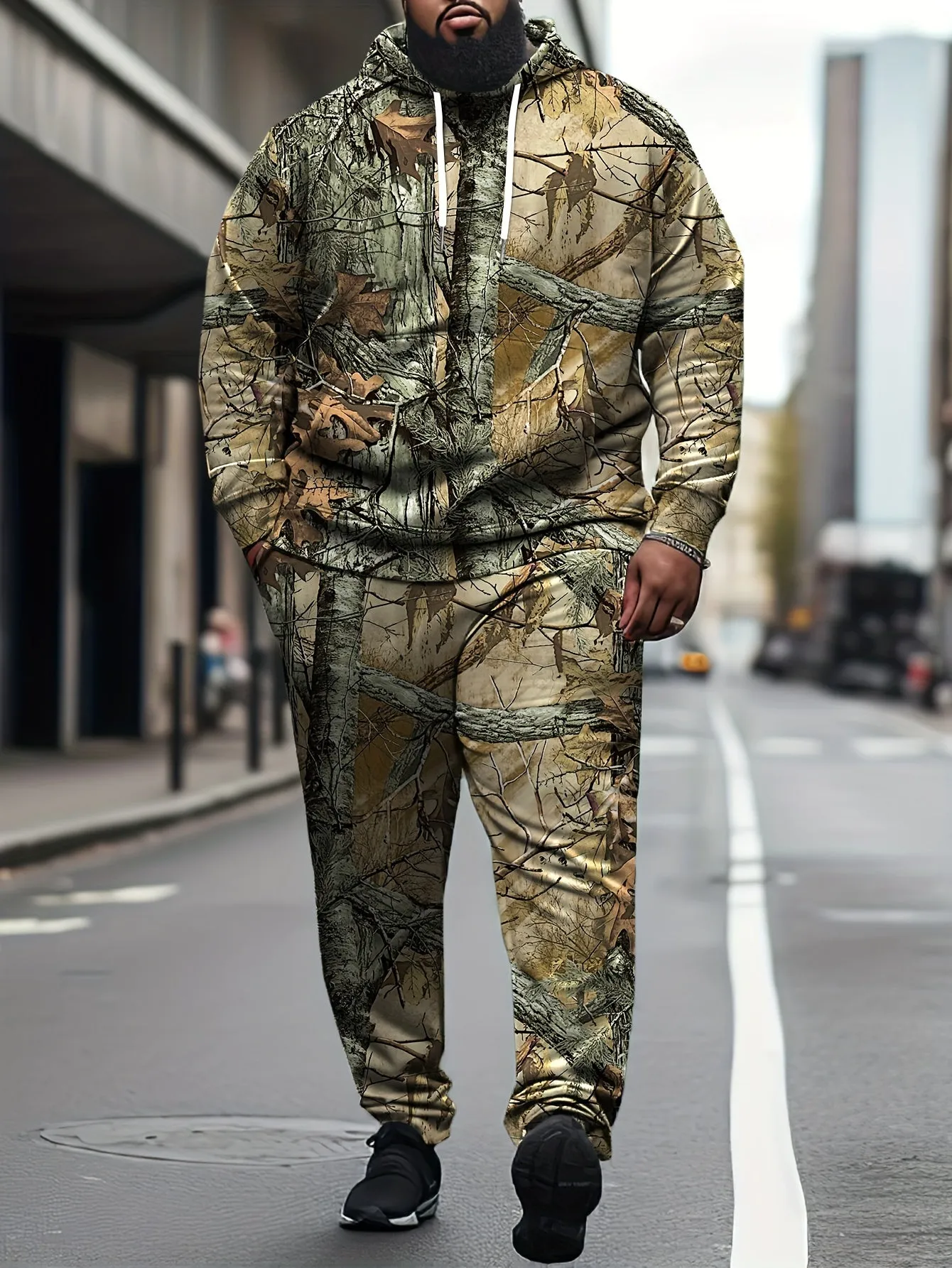 Plus Size Men’s 3D Graphic Print Hooded Sweatshirt & Sweatpants Set – Casual Color Block Design, Non-Stretch Polyester Knit for Spring, Fall, and Winter