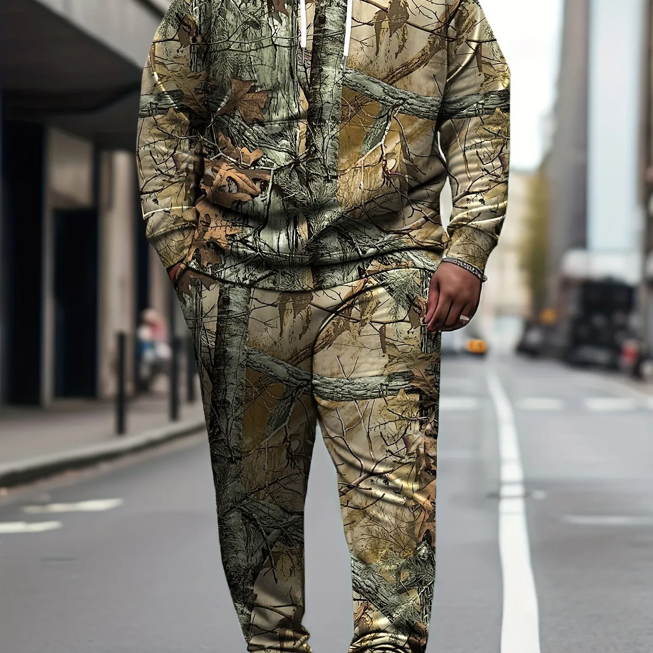 Plus Size Men’s 3D Graphic Print Hooded Sweatshirt & Sweatpants Set – Casual Color Block Design, Non-Stretch Polyester Knit for Spring, Fall, and Winter