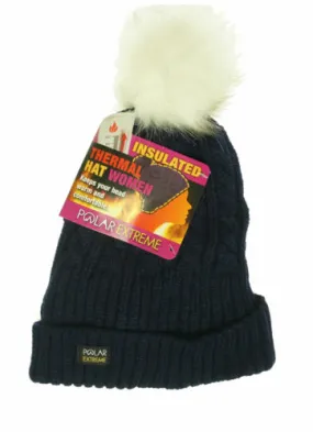 Polar Extreme Women's Thermal Lined Insulated Pom Pom Cable Knit Beanie Navy