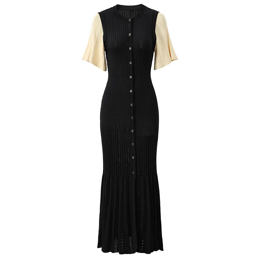 Pre Order: Color Block Short Sleeve Button-Up Long Dress