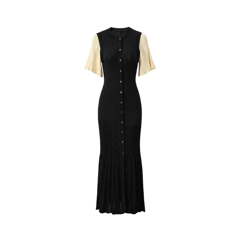 Pre Order: Color Block Short Sleeve Button-Up Long Dress
