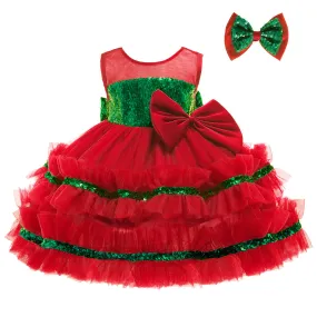 Princess Dress Christmas Pettiskirt Halloween Children's Dress Color-Blocking Bow Girls' Veil Dress