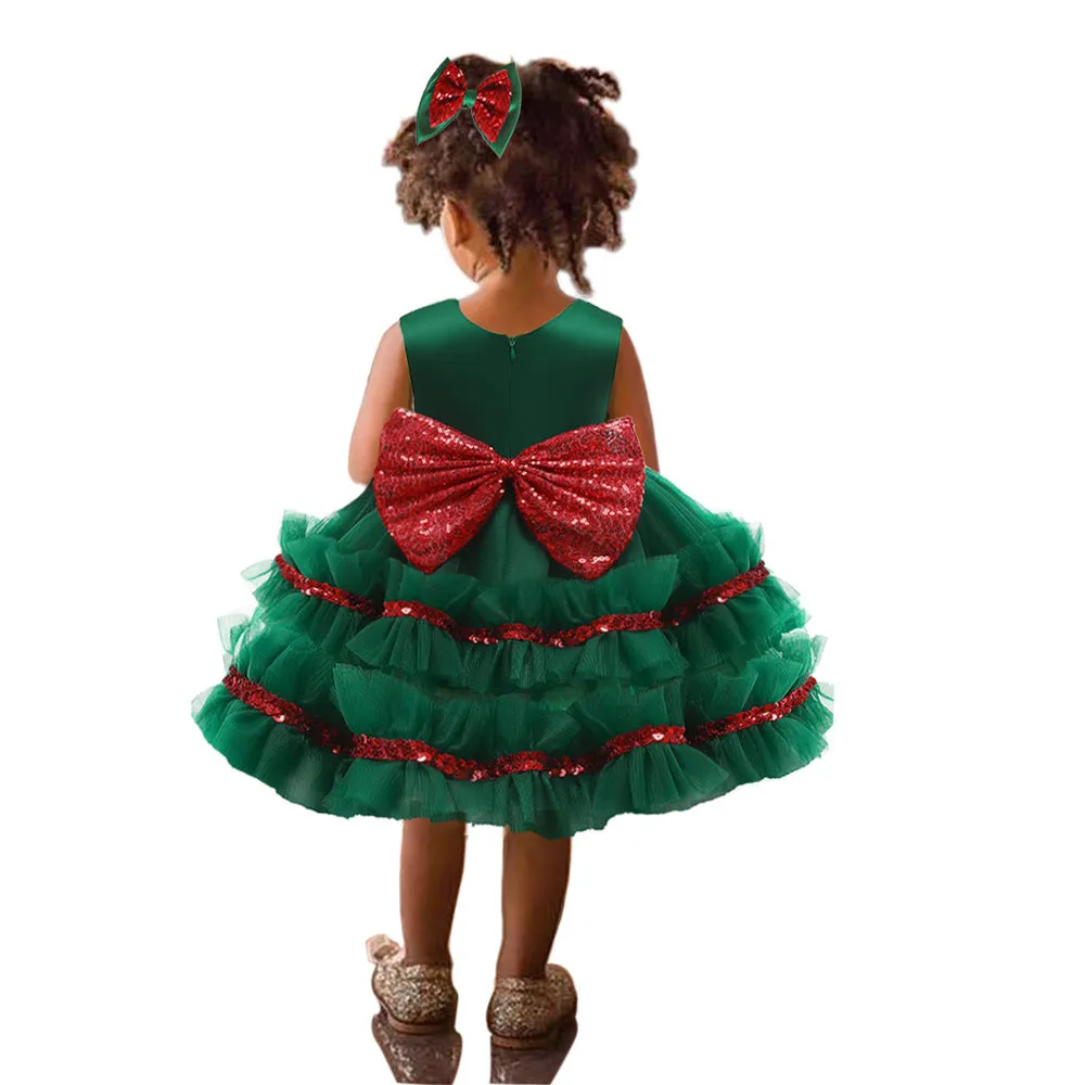 Princess Dress Christmas Pettiskirt Halloween Children's Dress Color-Blocking Bow Girls' Veil Dress