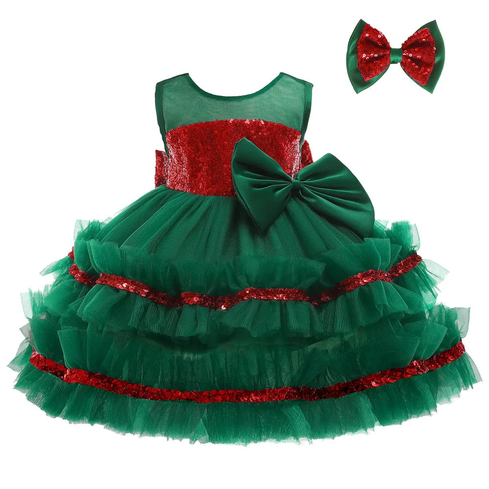 Princess Dress Christmas Pettiskirt Halloween Children's Dress Color-Blocking Bow Girls' Veil Dress
