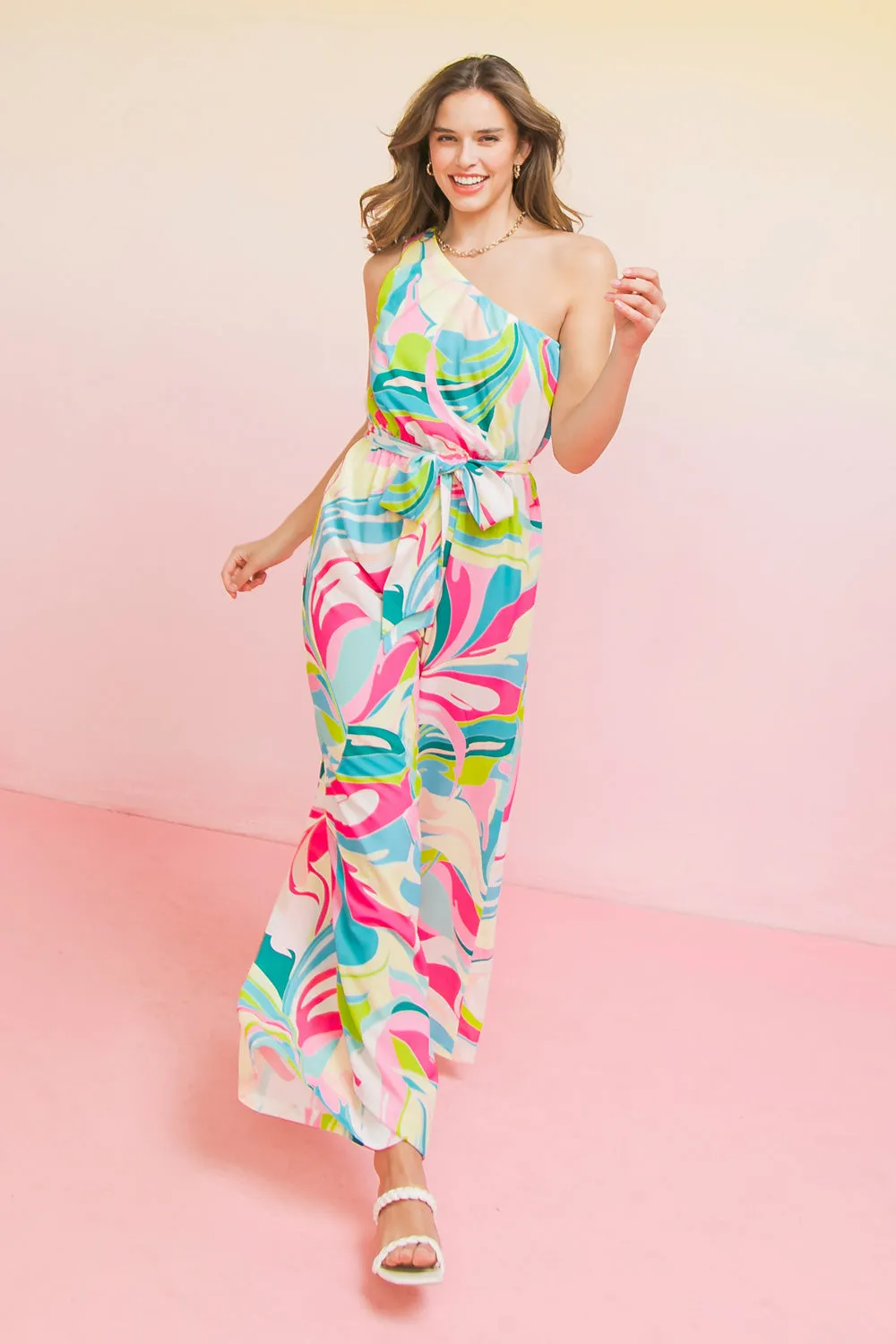 PRINTED ONE SHOULDER JUMPSUIT