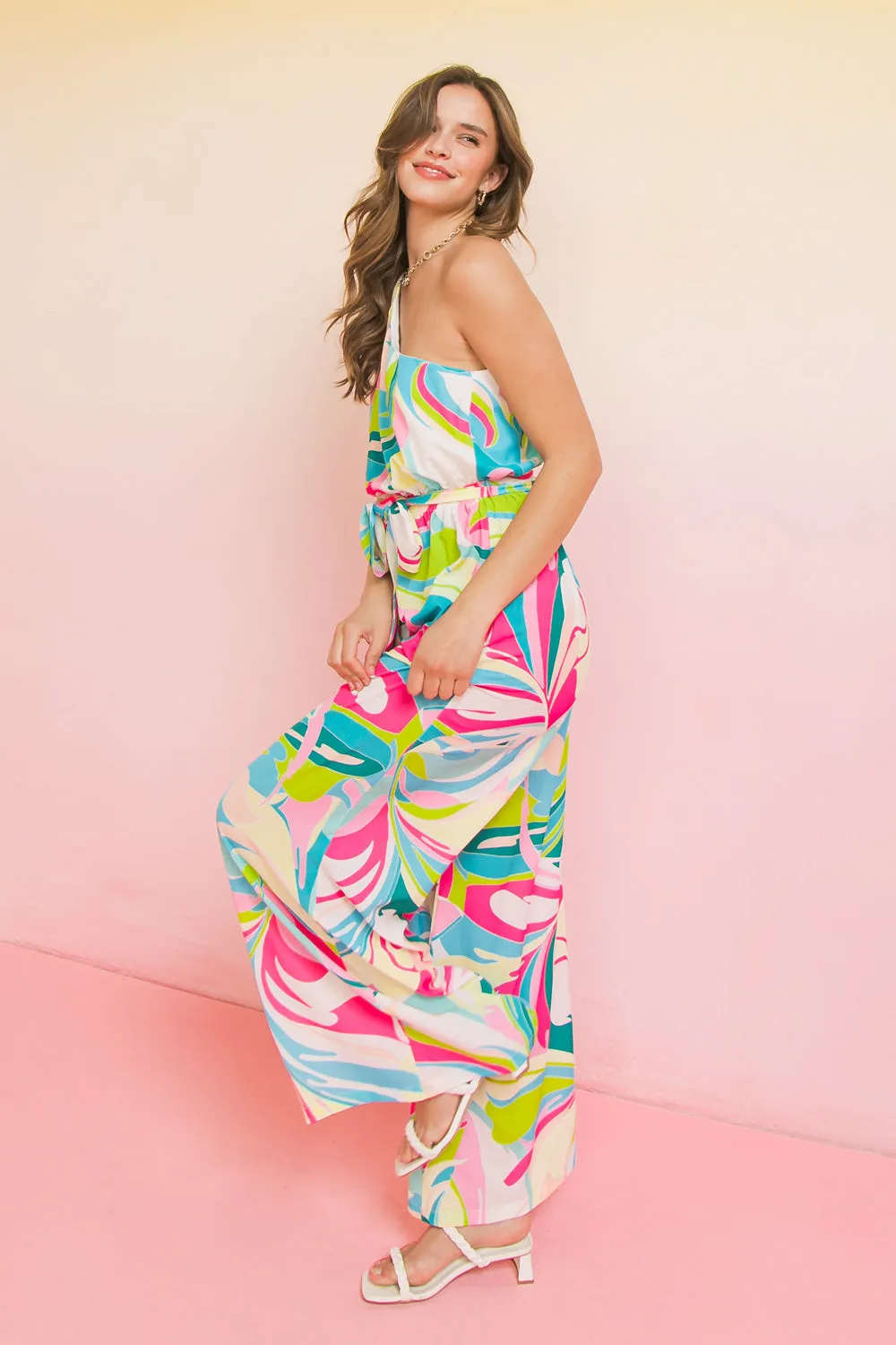 PRINTED ONE SHOULDER JUMPSUIT
