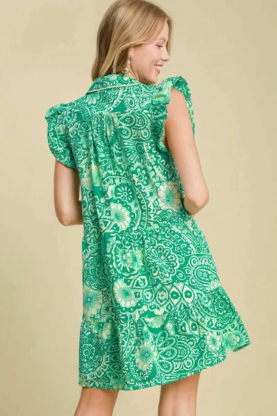 Printed Ruffle Cap Sleeve Babydoll Dress in Green