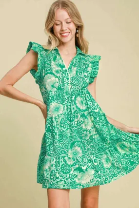 Printed Ruffle Cap Sleeve Babydoll Dress in Green