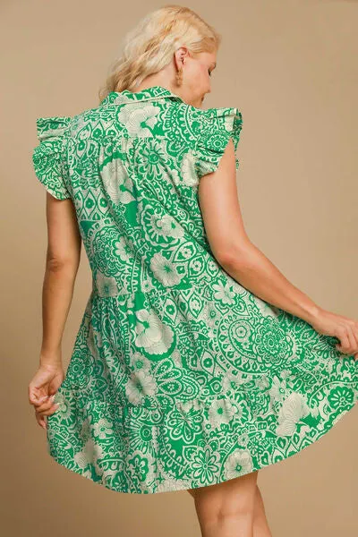 Printed Ruffle Cap Sleeve Babydoll Dress in Green