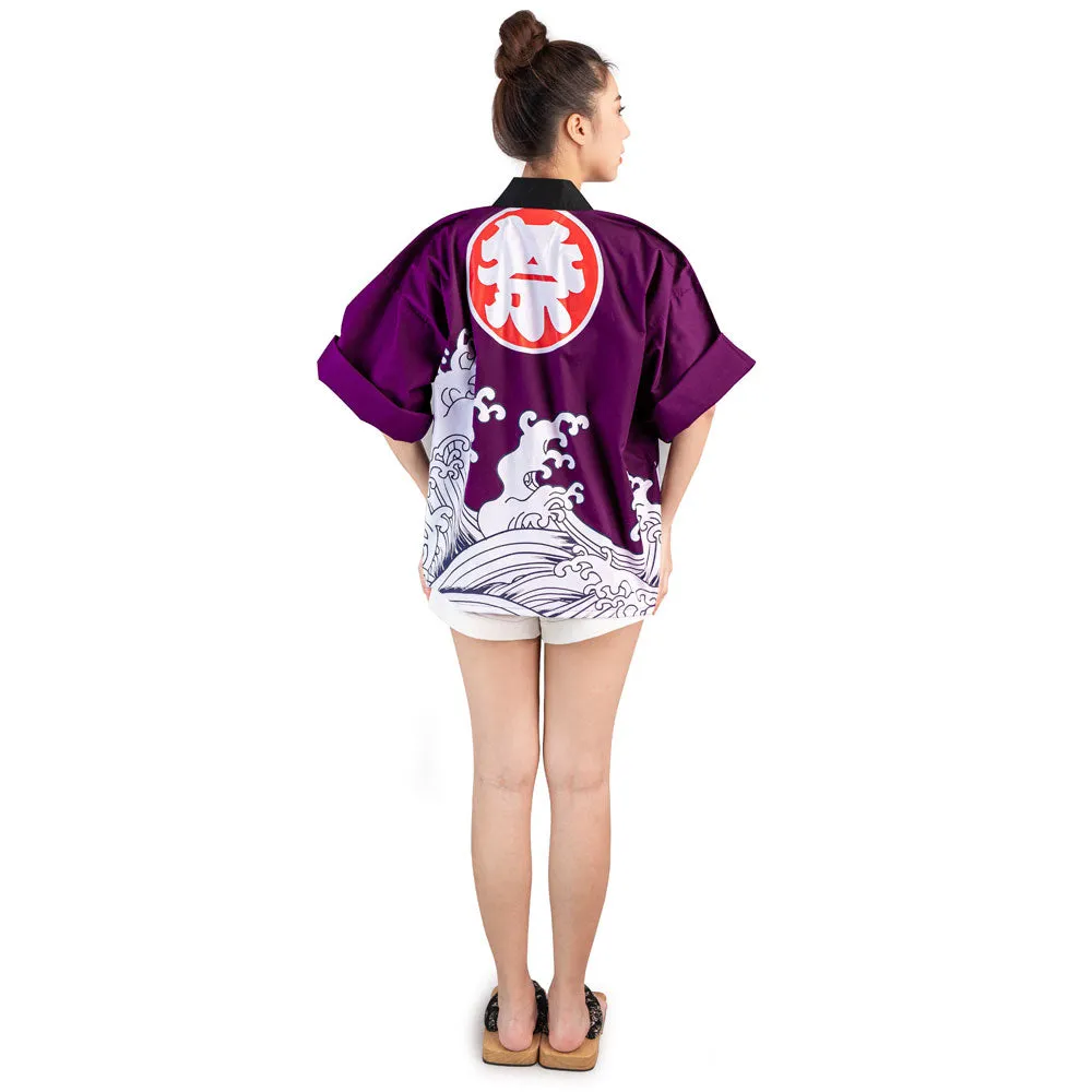 Purple Japanese Happi Kimono Jacket Murasaki Waves