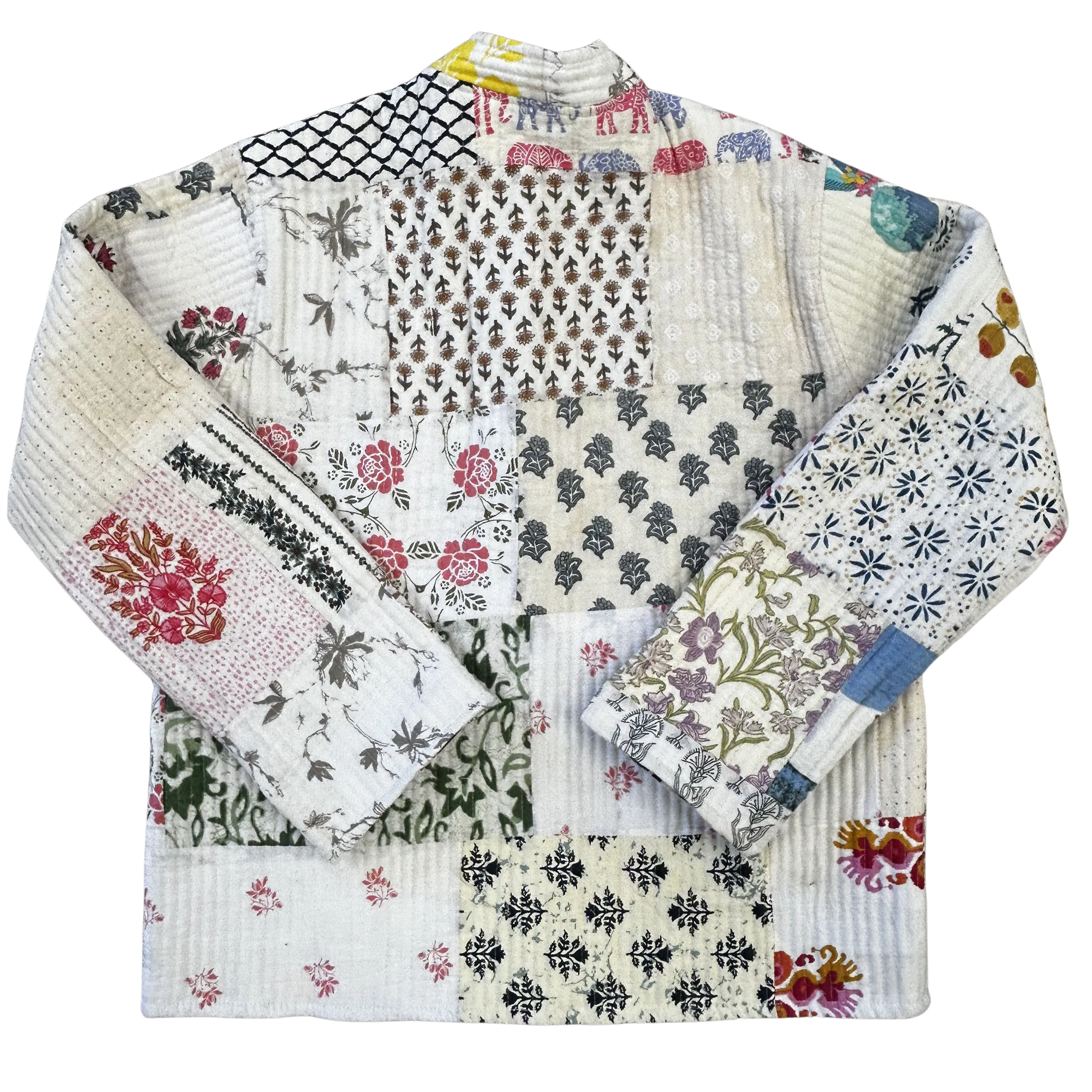 Quilted Patchwork One Of A Kind Button Up Jacket With Pockets