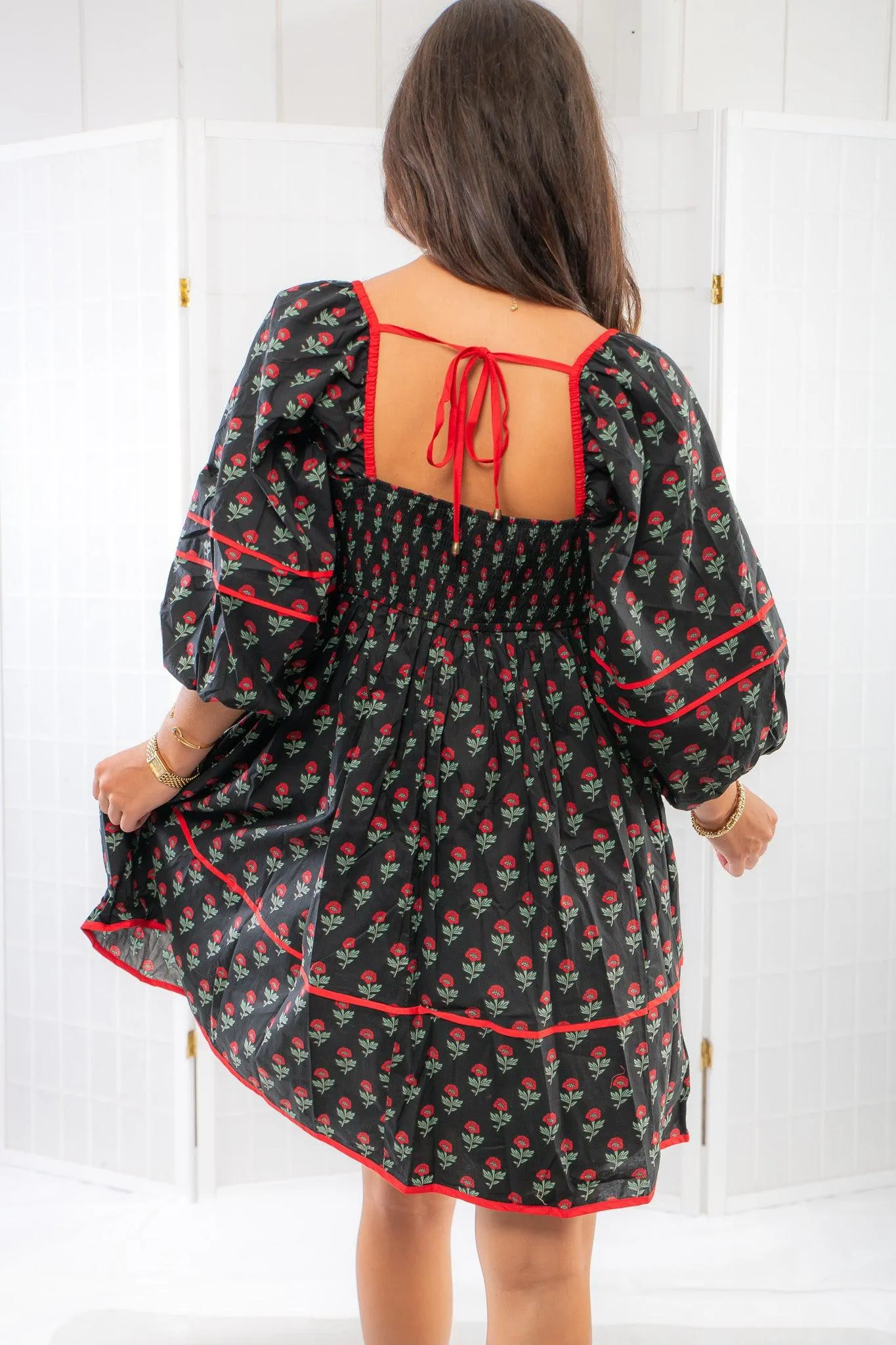 Red Riding Black Rose Print Babydoll Dress