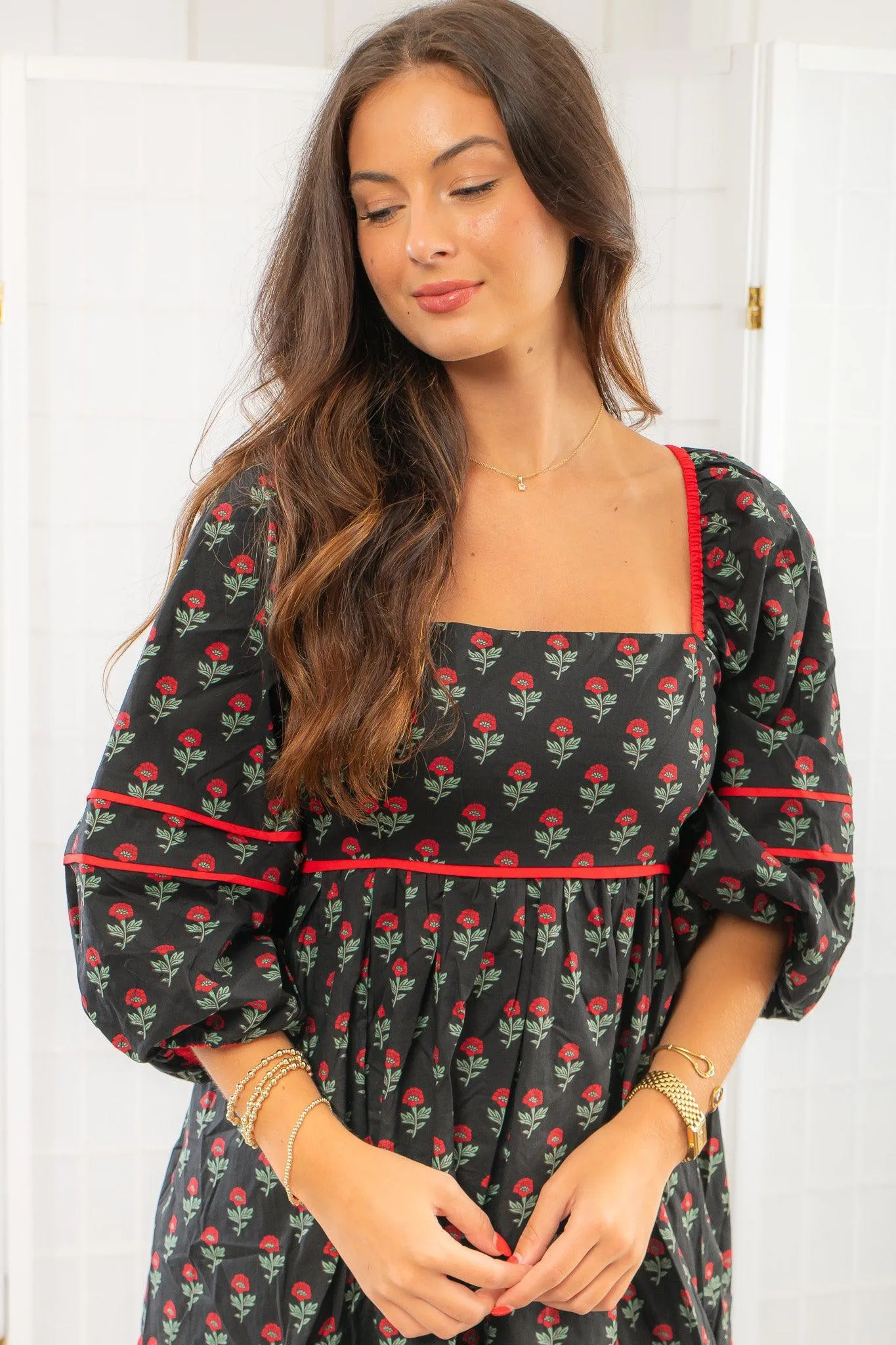 Red Riding Black Rose Print Babydoll Dress
