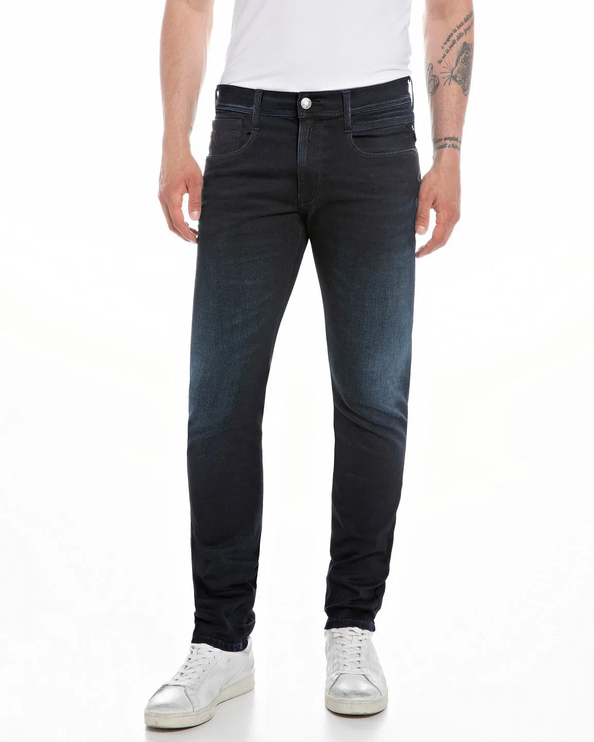 Replay Anbass Slim Fit Hyperflex Re-Used Recycled 360 Mens Jeans - Blue Black Overdyed