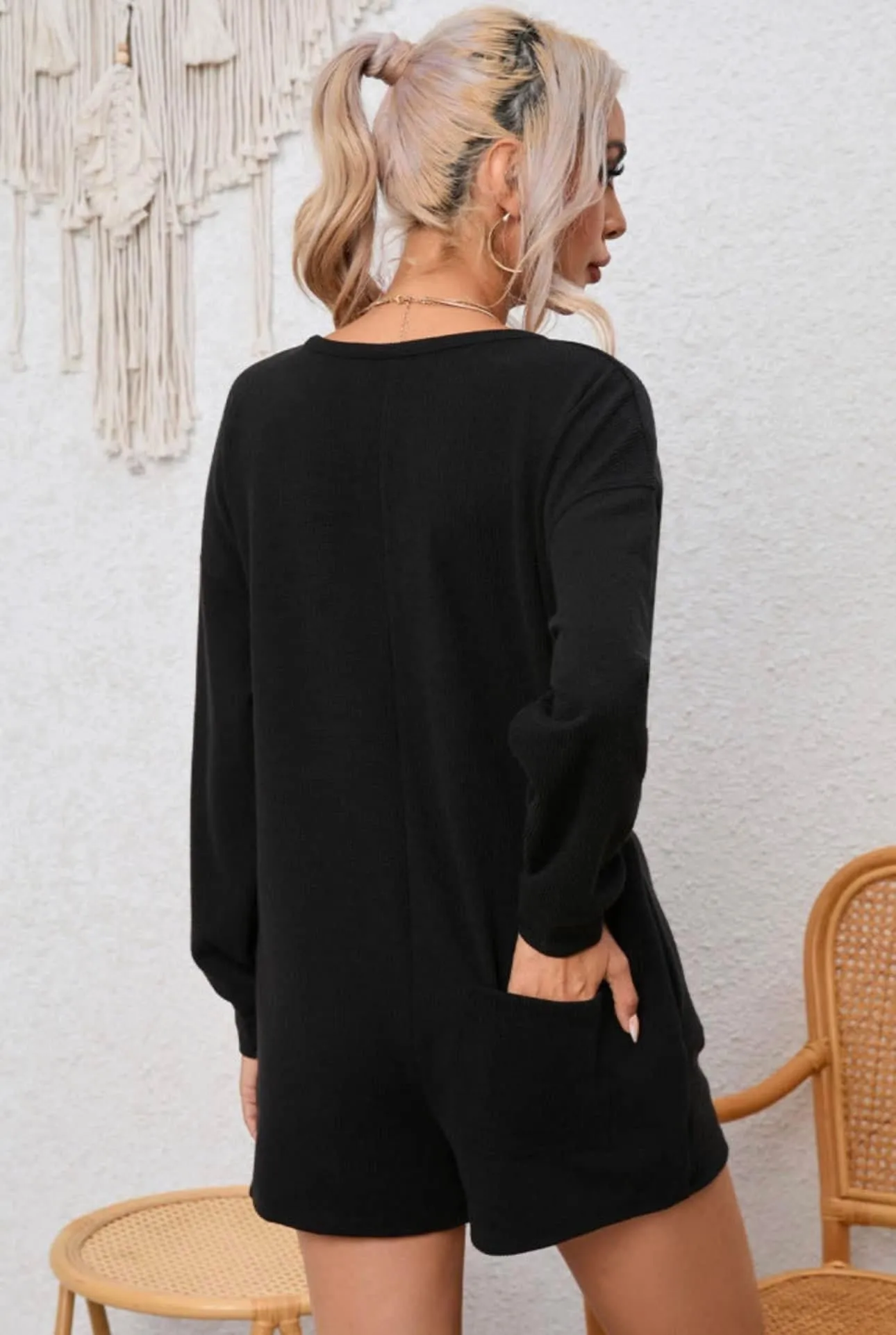 Ribbed Button Split V Neck Long Sleeve Romper