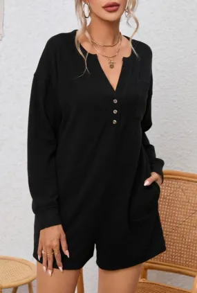 Ribbed Button Split V Neck Long Sleeve Romper