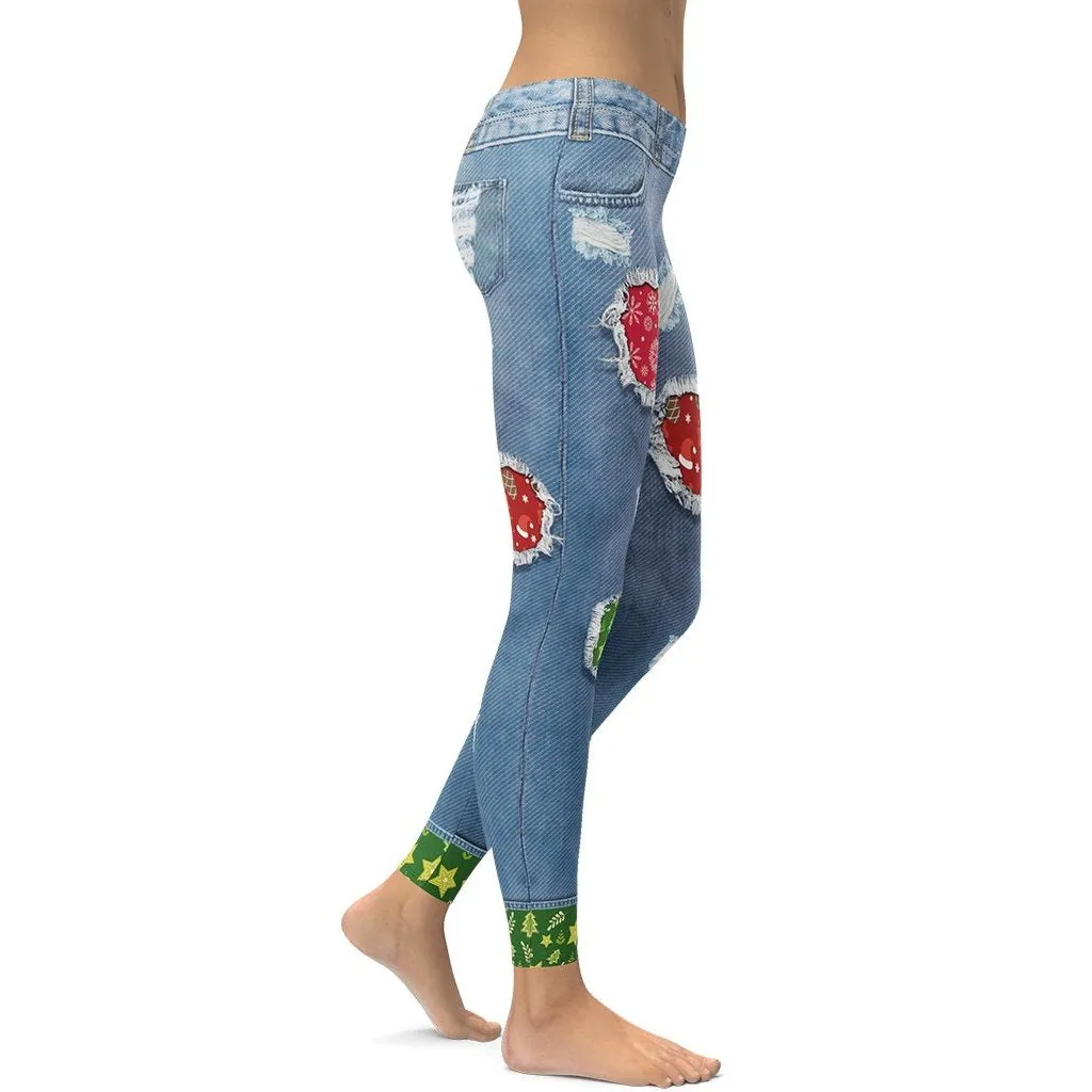 Ripped Denim Christmas Leggings