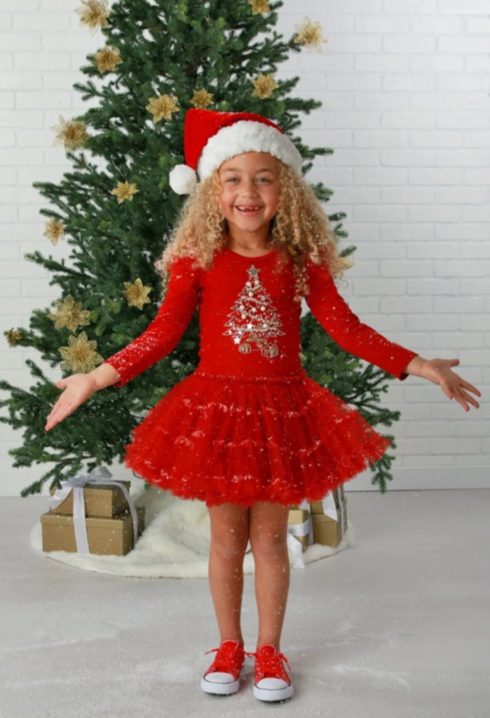 Ruby Jingle Ball Baby Onesie Dress w/Xmas Tree Applique