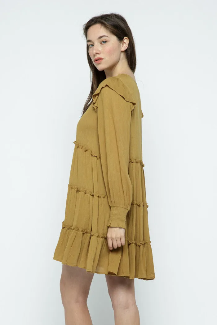 SANDSTORM TIE-NECK SMOCK CUFF SLEEVES  RUFFLED BABYDOLL MINI DRESS  MDR8654