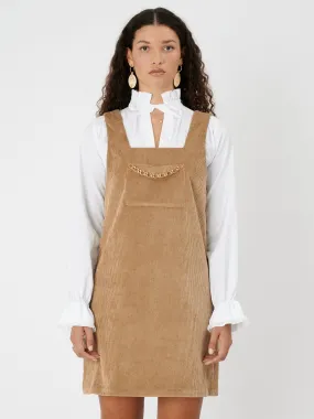 SASHA - Robe chasuble avec chaine dorée en velours côtelé beige
