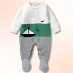 Seaside Adventure Knit Romper ⛵ Sailboat & Seagulls Design (0-9M)