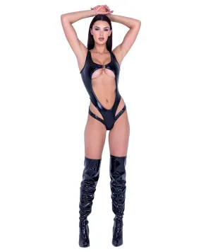 Sexy Large Black Keyhole Vinyl Romper