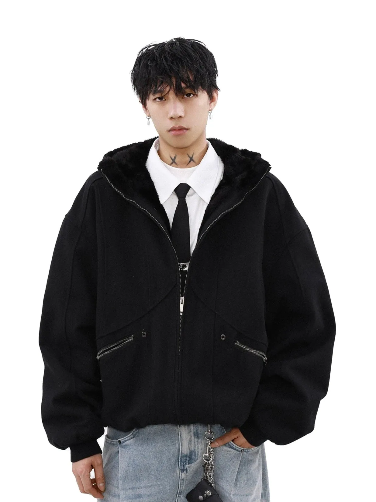 Sherpa-lined Hooded Suede Bomber Jacket