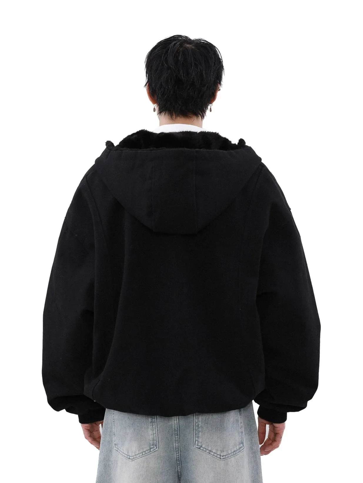 Sherpa-lined Hooded Suede Bomber Jacket