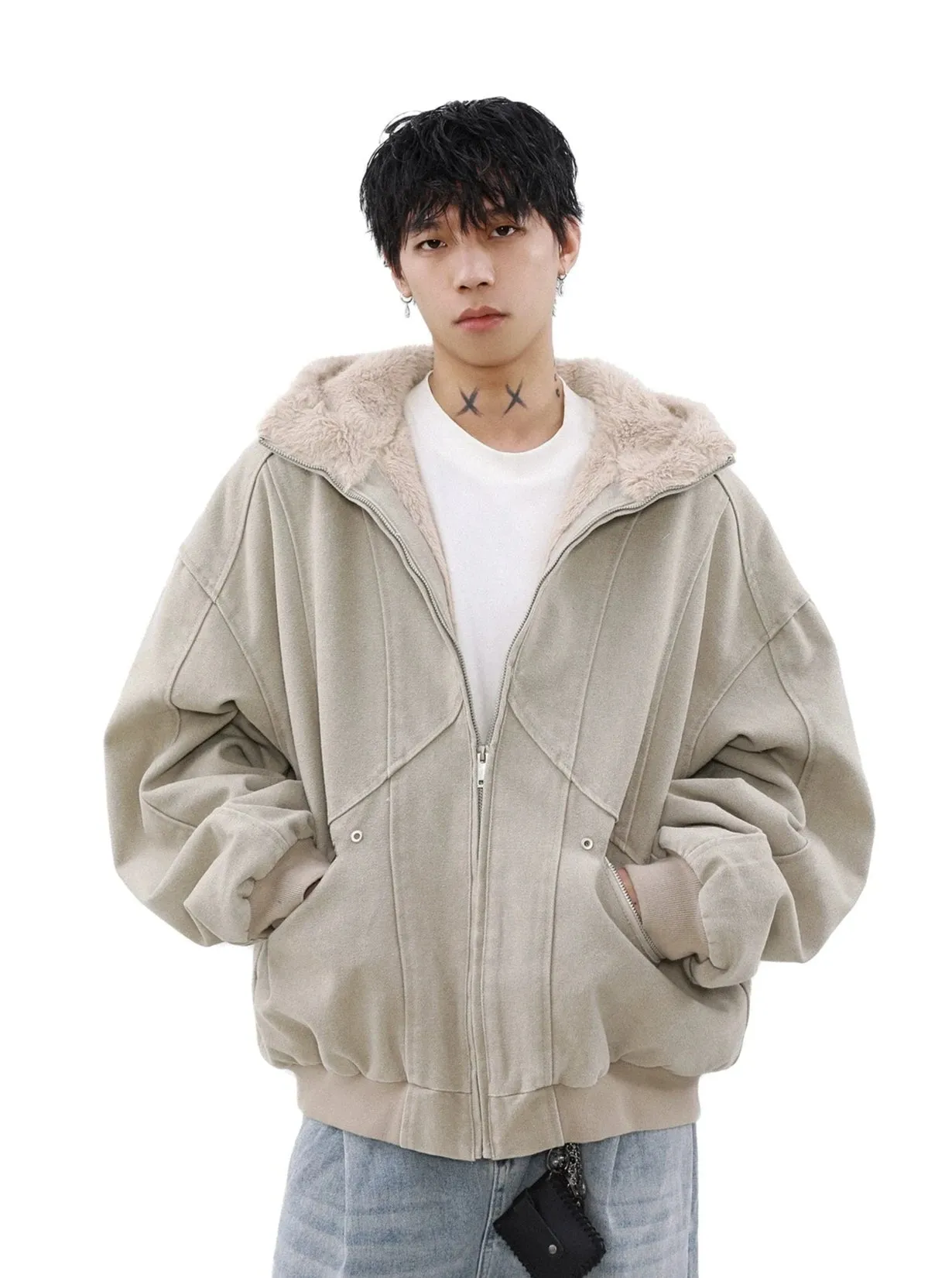 Sherpa-lined Hooded Suede Bomber Jacket