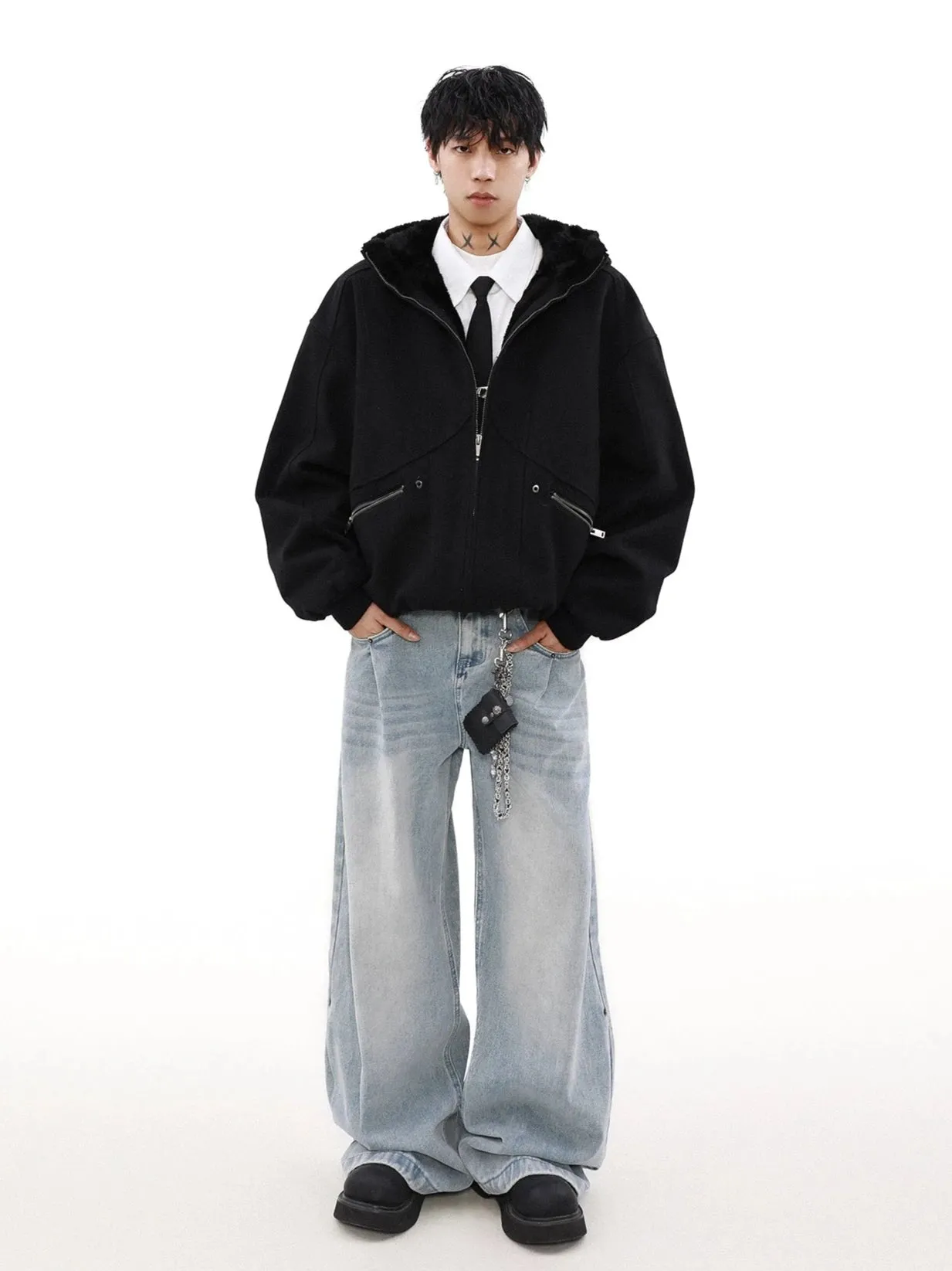 Sherpa-lined Hooded Suede Bomber Jacket