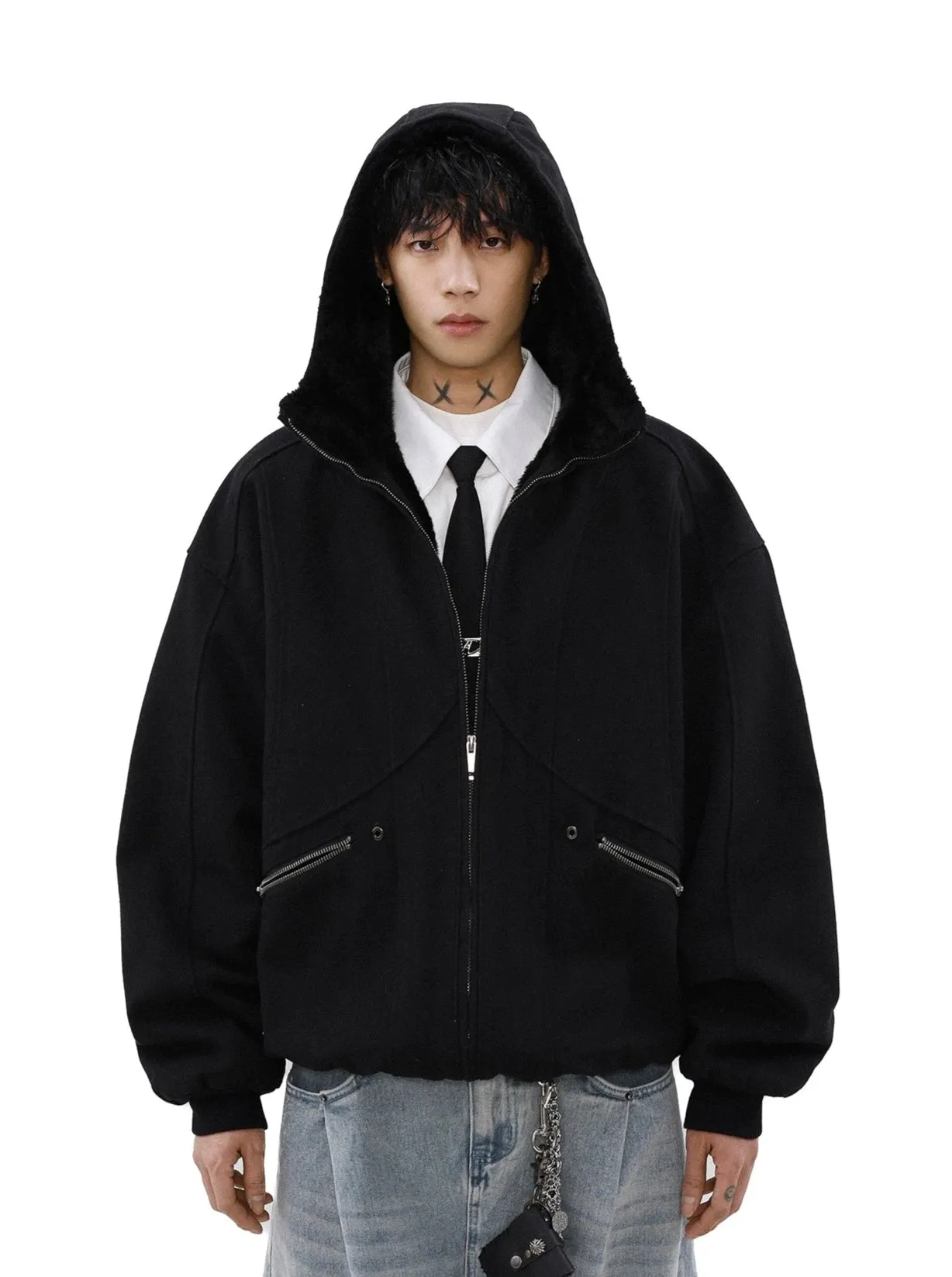 Sherpa-lined Hooded Suede Bomber Jacket