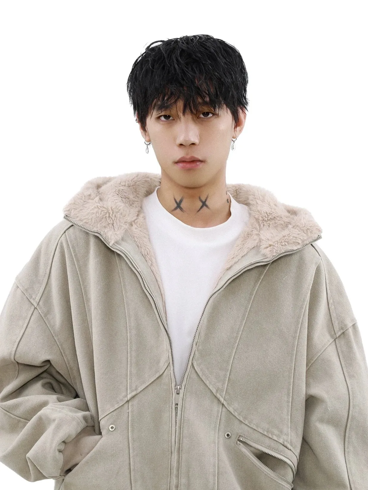 Sherpa-lined Hooded Suede Bomber Jacket