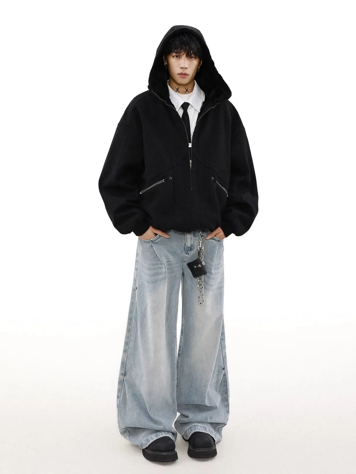 Sherpa-lined Hooded Suede Bomber Jacket