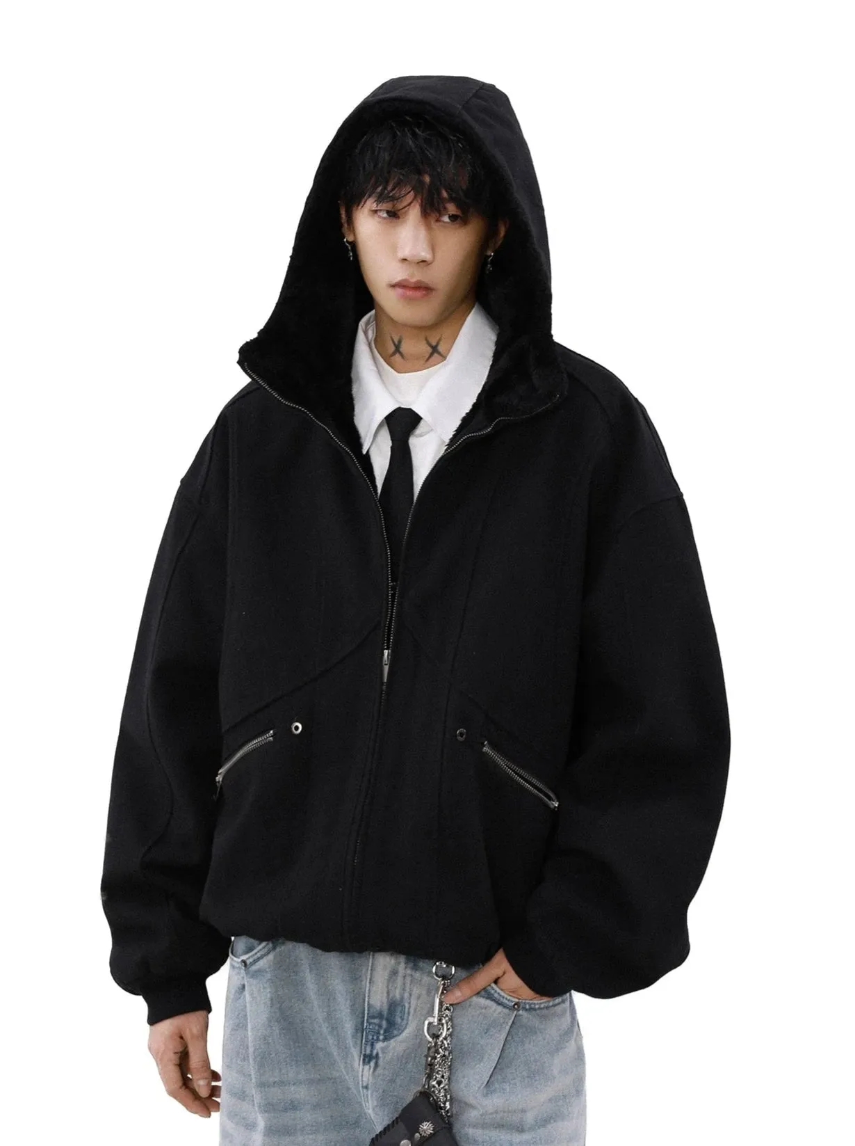 Sherpa-lined Hooded Suede Bomber Jacket