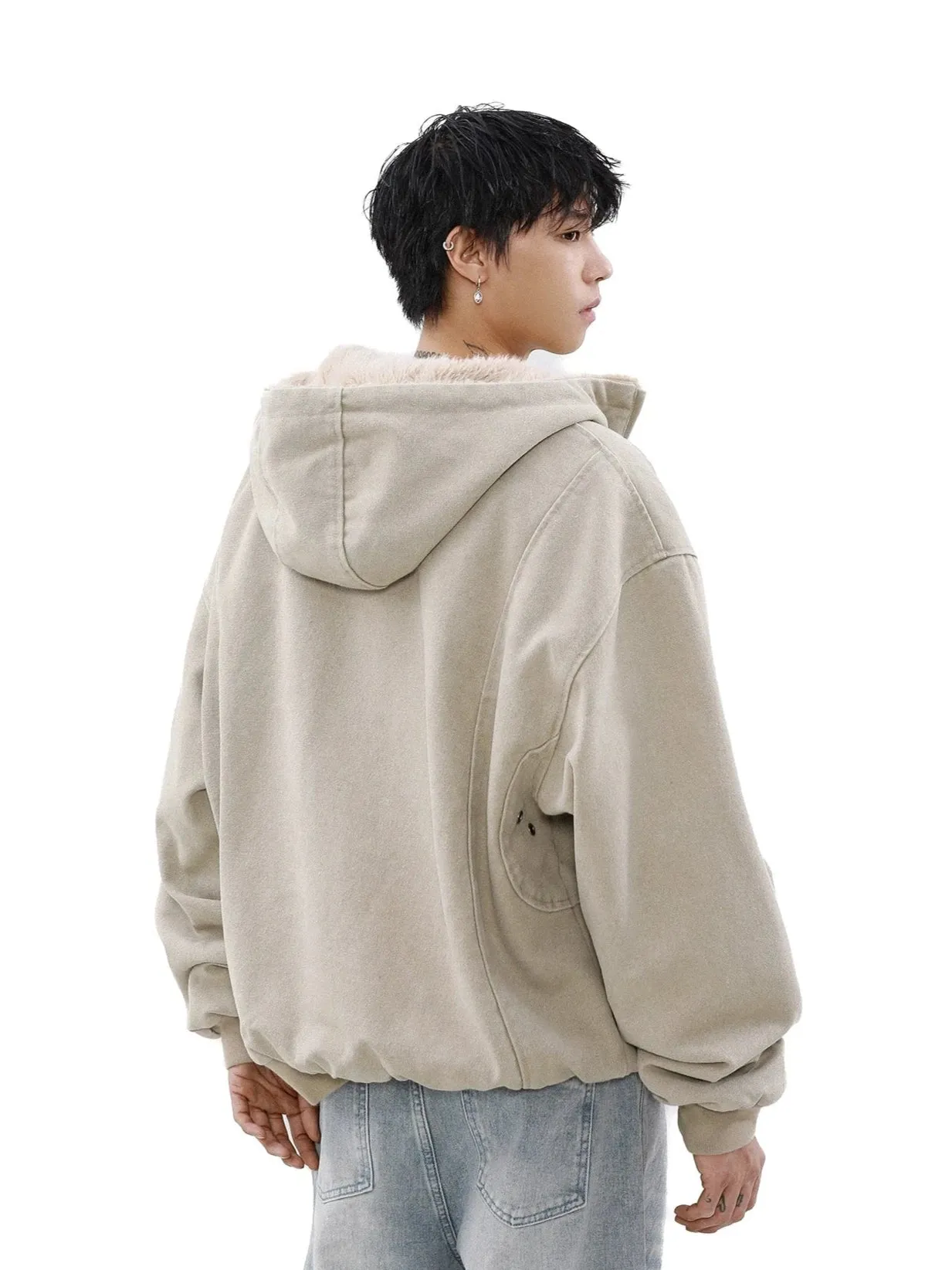Sherpa-lined Hooded Suede Bomber Jacket
