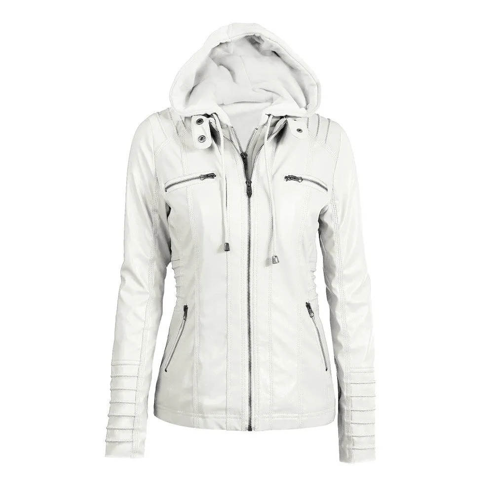 Sidiou Group Women's Faux Leather Hooded Jacket Zippered Hoodie Short Slim Jacket Coat