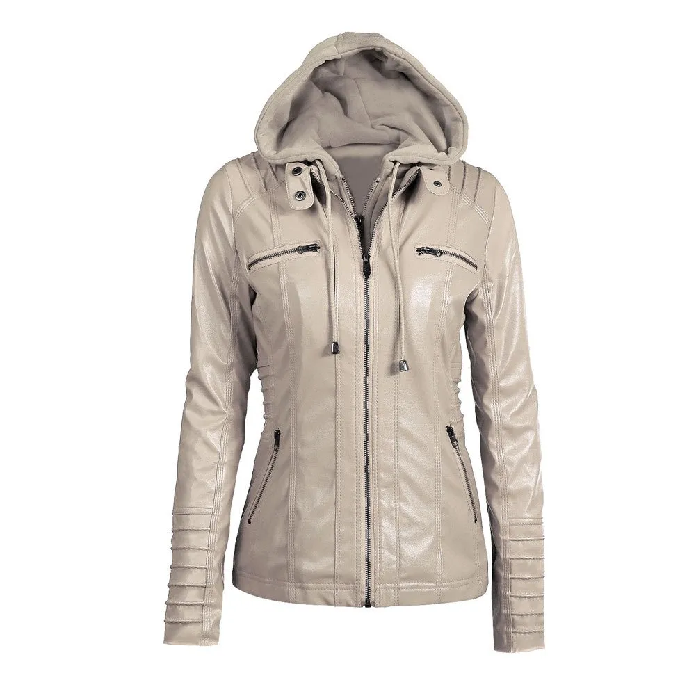 Sidiou Group Women's Faux Leather Hooded Jacket Zippered Hoodie Short Slim Jacket Coat