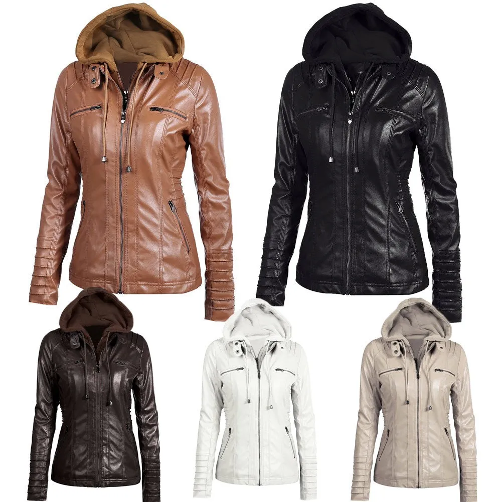 Sidiou Group Women's Faux Leather Hooded Jacket Zippered Hoodie Short Slim Jacket Coat