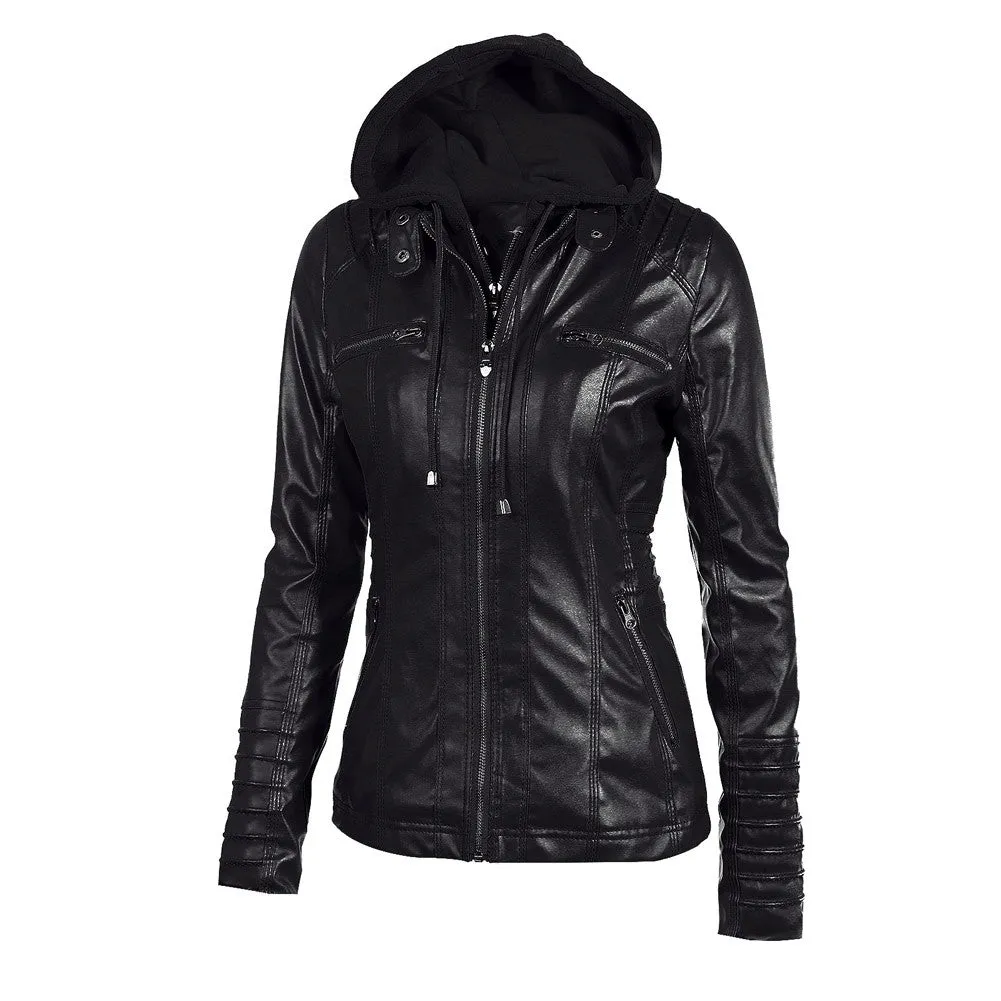 Sidiou Group Women's Faux Leather Hooded Jacket Zippered Hoodie Short Slim Jacket Coat