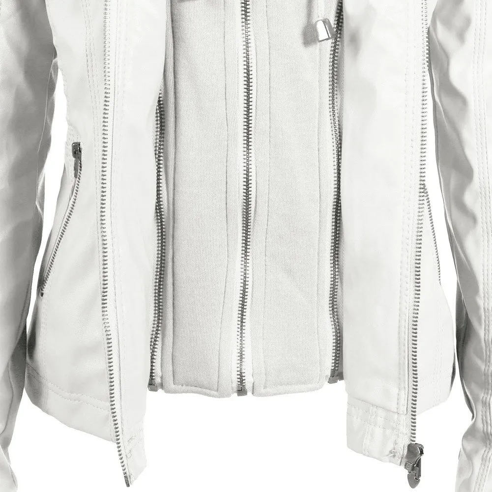 Sidiou Group Women's Faux Leather Hooded Jacket Zippered Hoodie Short Slim Jacket Coat
