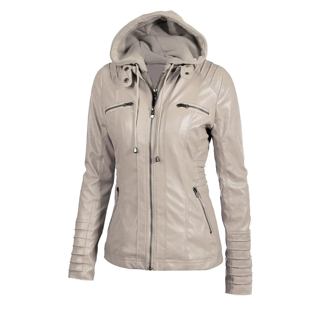 Sidiou Group Women's Faux Leather Hooded Jacket Zippered Hoodie Short Slim Jacket Coat