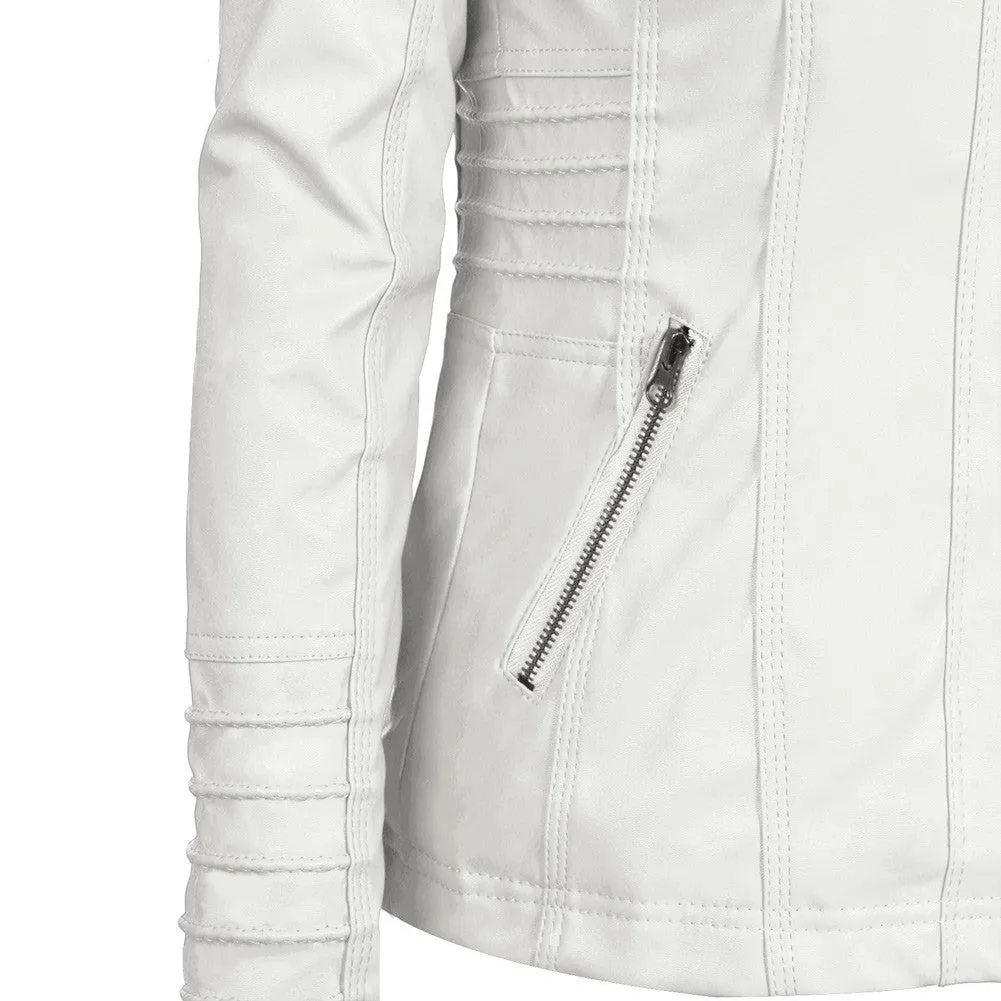 Sidiou Group Women's Faux Leather Hooded Jacket Zippered Hoodie Short Slim Jacket Coat