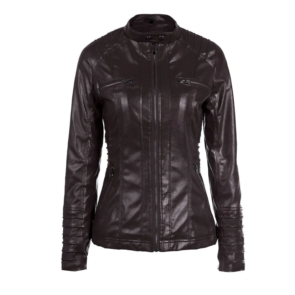 Sidiou Group Women's Faux Leather Hooded Jacket Zippered Hoodie Short Slim Jacket Coat