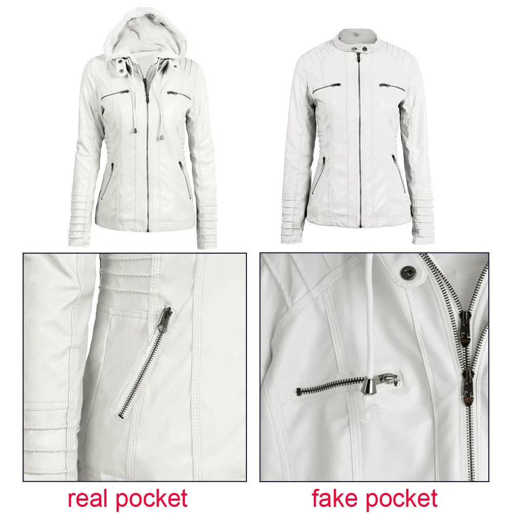 Sidiou Group Women's Faux Leather Hooded Jacket Zippered Hoodie Short Slim Jacket Coat