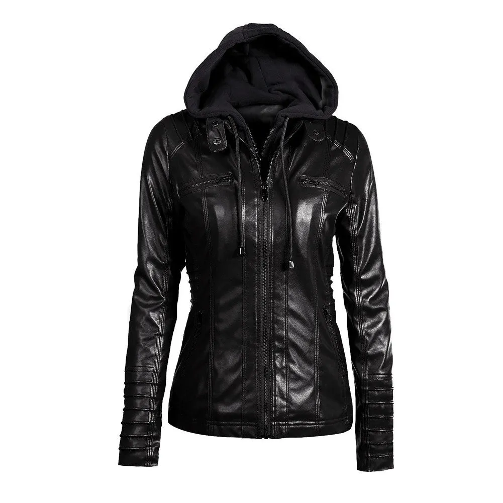 Sidiou Group Women's Faux Leather Hooded Jacket Zippered Hoodie Short Slim Jacket Coat