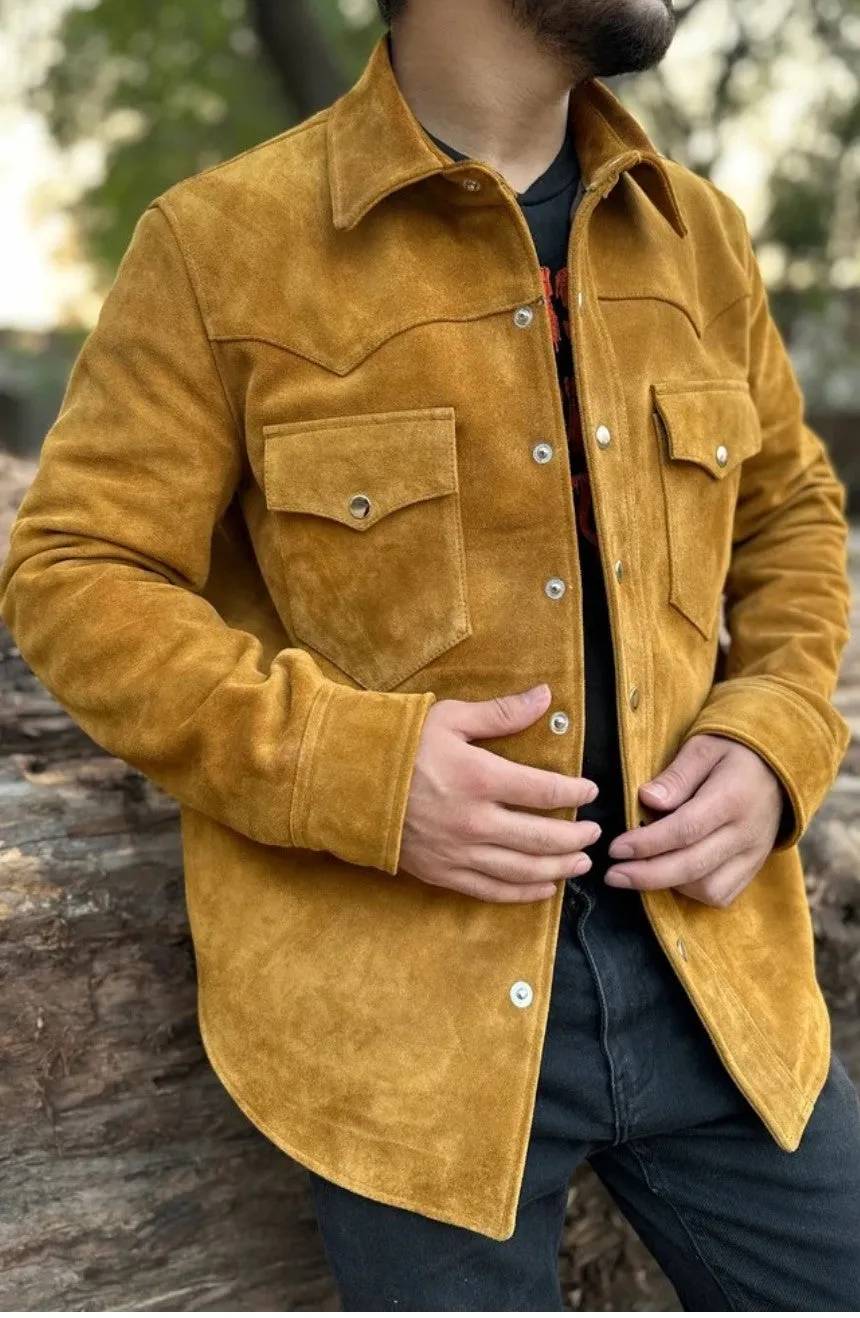 Soleil Genuine Tan Suede Leather Shirt Jacket Men Biker Motorcycle