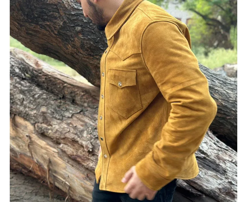 Soleil Genuine Tan Suede Leather Shirt Jacket Men Biker Motorcycle