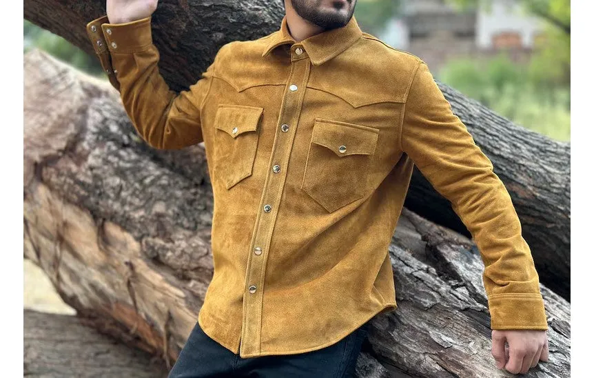 Soleil Genuine Tan Suede Leather Shirt Jacket Men Biker Motorcycle